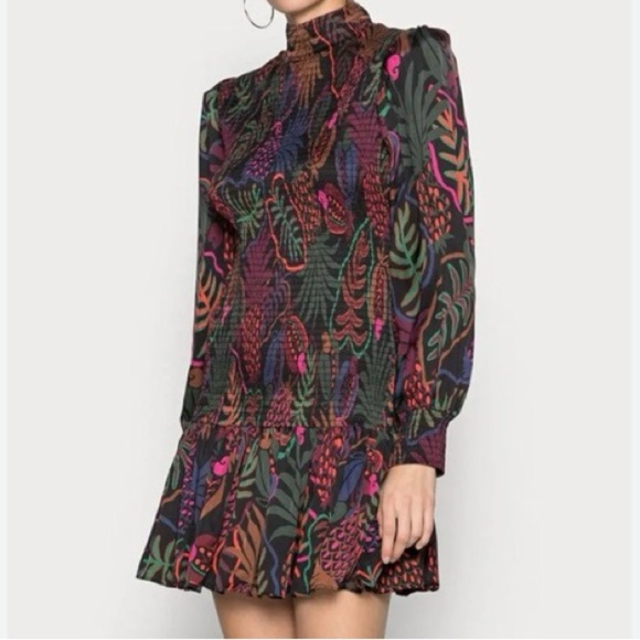 Farm Rio multicolour smocked drop waist long sleeve mini dress - Small NWOT - Picture 2 of 10